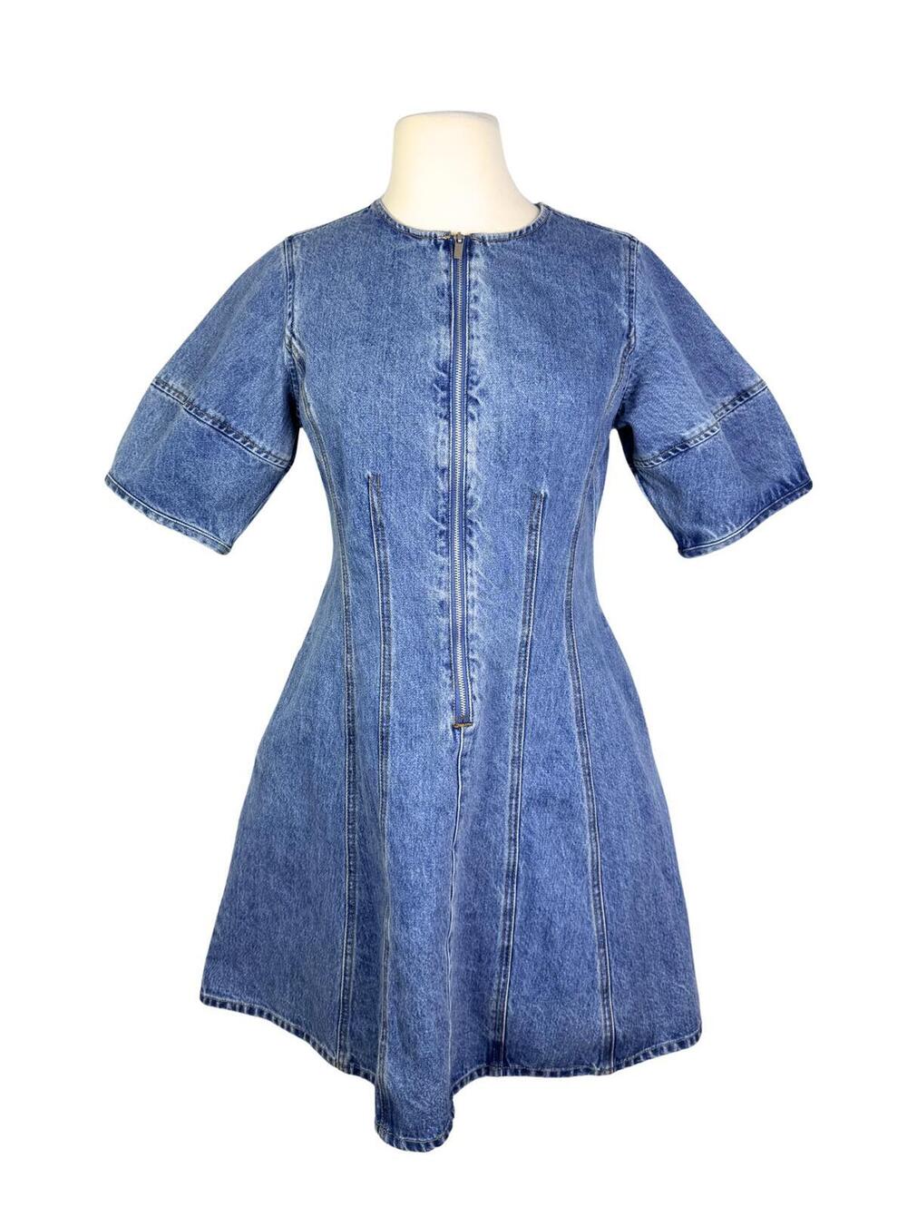 Future Collective Denim Fit & Flare Mini Dress XS Puff Sleeve Cotton